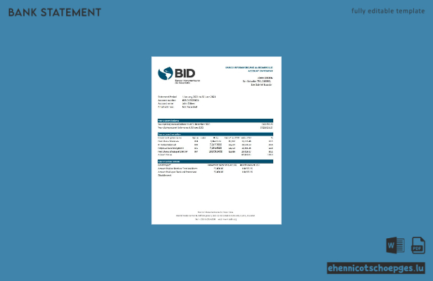 Beispiel-Excel-Vorschau eines Kontoauszugs der Interamerikanischen Entwicklungsbank (IDB) von Ecuador